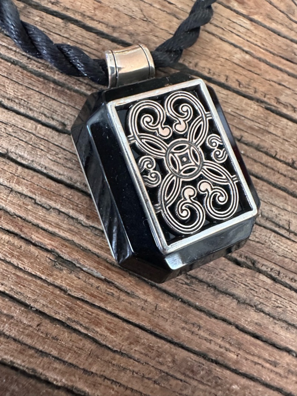 BRIGHTON Facets Black Enamel Silver Scroll Corded Necklace - Retired - Picture 2 of 4
